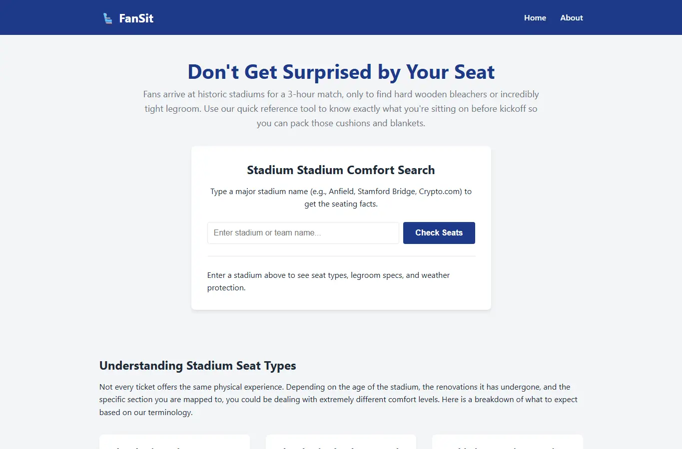 Screenshot of FanSit: Stadium Seating Check interface showing the project page in use